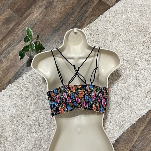 Victoria's Secret PINK Medium Black Vibrant Floral Lace Strappy Smocked Bralette - Picture 4 of 7